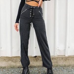 Beginning Boutique Tiger Lace Up Black Pin Striped High-Waist Pants